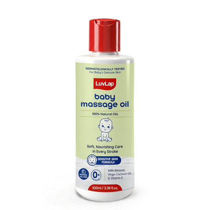 LuvLap Baby Massage Oil with Almond, Virgin Coconut Oil & Vitamin E, Deep Nourishing, Skin Repair & Relaxation, Ayurvedic Non-Sticky Oil for Soft New Born Skin, 100% Natural, Derma Safe, 100ml