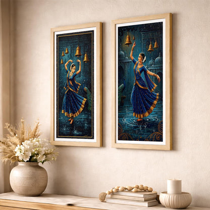 Classical Indian Dance Wall Art Set of 2 Frames Prints | Traditional Bharatanatyam Kathak Dance Framed Painting, Peacock & Temple Theme Artwork Frame| Premium Cultural Wall Decor for Living Room Bedroom Office Home (Art-5, 10x19inch, Wooden)