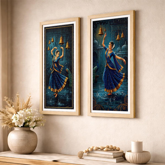 Classical Indian Dance Wall Art Set of 2 Frames Prints | Traditional Bharatanatyam Kathak Dance Framed Painting, Peacock & Temple Theme Artwork Frame| Premium Cultural Wall Decor for Living Room Bedroom Office Home (Art-5, 10x19inch, Wooden)