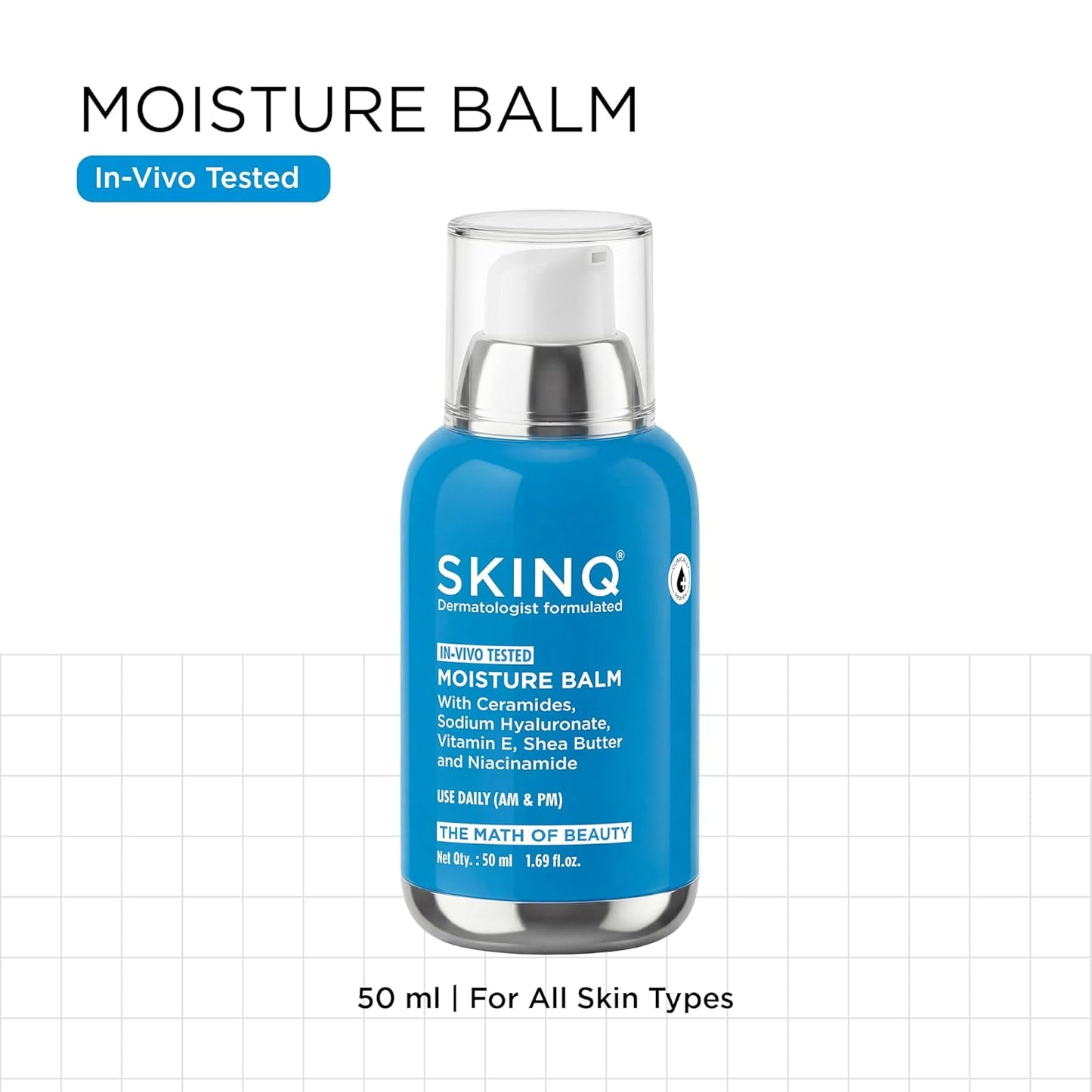 SKINQ Moisture Balm | Ceramide Face Moisturizer with Niacinamide & Shea Butter | Lightweight, Non-Sticky | In-Vivo Tested | Strengthens Skin Barrier | For All Skin Types | Dermat Formulated | 50ml