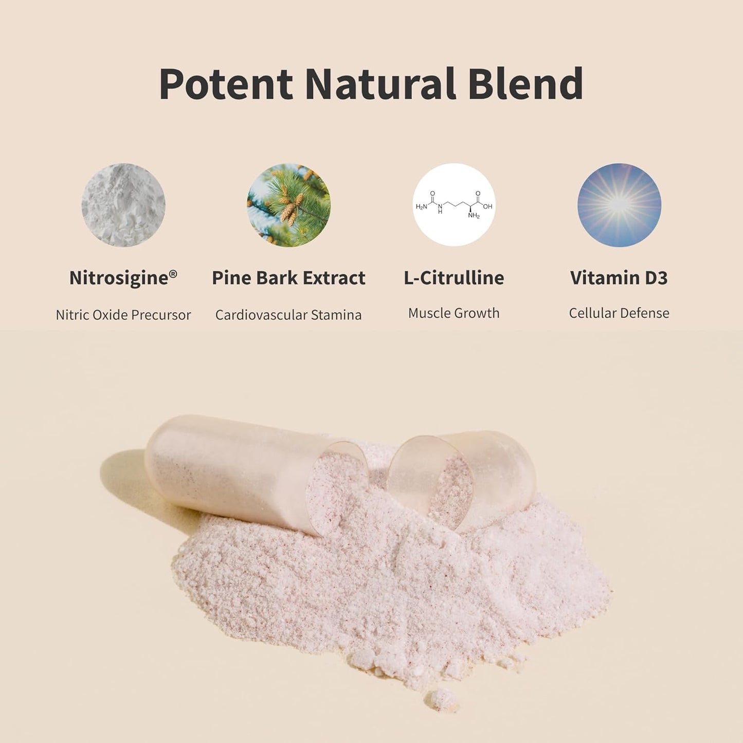 Supplement with powder and capsules labeled 'Potent Natural Blend' on a beige background