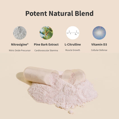 Supplement with powder and capsules labeled 'Potent Natural Blend' on a beige background
