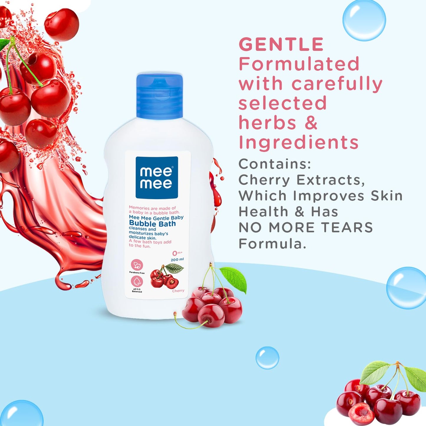 Mee Mee Baby Body Wash 200ml with Cherry & Fruit Extracts | Tear-Free, Mild & Moisturizing | Paraben-Free, Dermatologically Tested, pH Balanced | Gentle Head-to-Toe Bubble Bath for All Skin Types