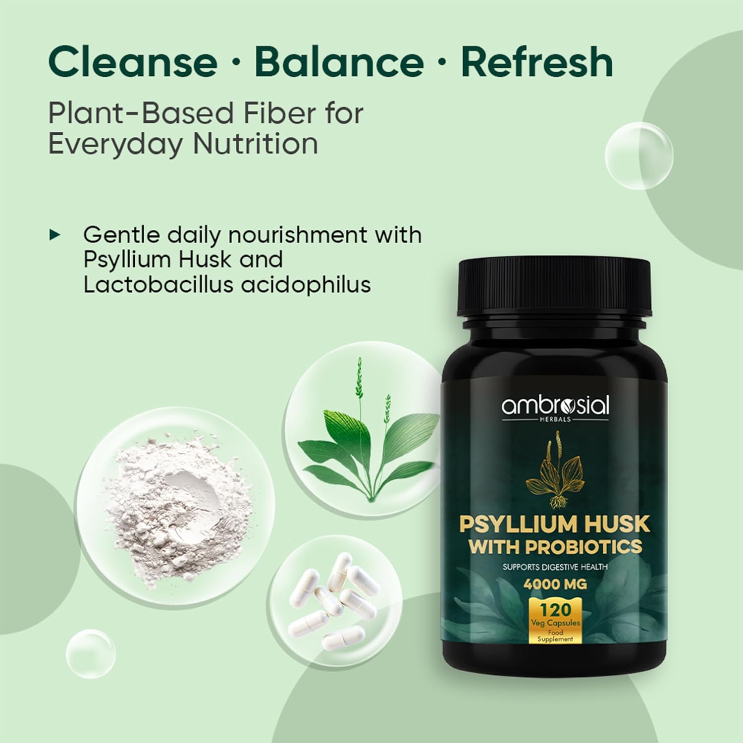 Ombresial Psyllium Husk with Probiotics supplement bottle on a green background with text about plant-based fiber.