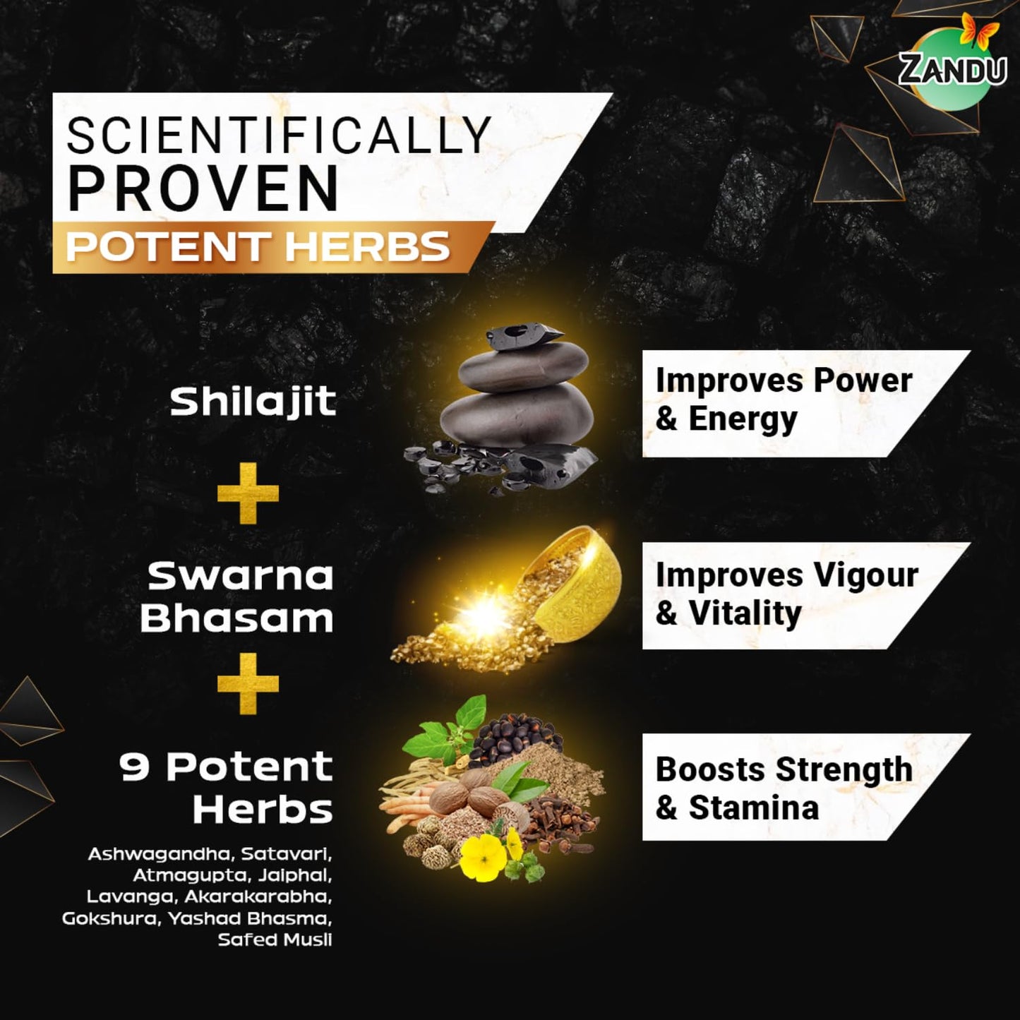 Zandu Shilajit Gold Plus| Scientifically tested advanced formula| Made using 100% Pure Himalayan Shilajit, Gold & 9 Ayurvedic herbs |Enhances strength, stamina, vigour, vitality and power | 20 Caps