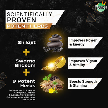 Zandu Shilajit Gold Plus| Scientifically tested advanced formula| Made using 100% Pure Himalayan Shilajit, Gold & 9 Ayurvedic herbs |Enhances strength, stamina, vigour, vitality and power | 20 Caps