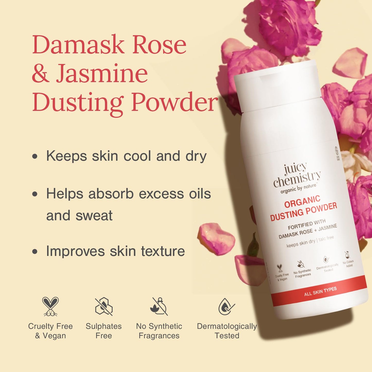 Juicy Chemistry 100% Organic Dusting Powder with Damask Rose + Jasmine, 100g | Refreshing & Cooling Face & Body Powder | Controls Oil, Sweat, Odour & Itching | Soothes Irritated Skin | Talc-Free | Dermatologically Tested