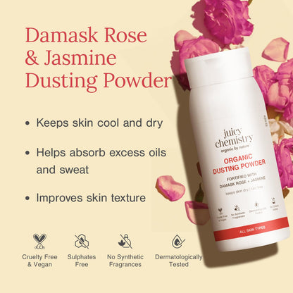 Juicy Chemistry 100% Organic Dusting Powder with Damask Rose + Jasmine, 100g | Refreshing & Cooling Face & Body Powder | Controls Oil, Sweat, Odour & Itching | Soothes Irritated Skin | Talc-Free | Dermatologically Tested