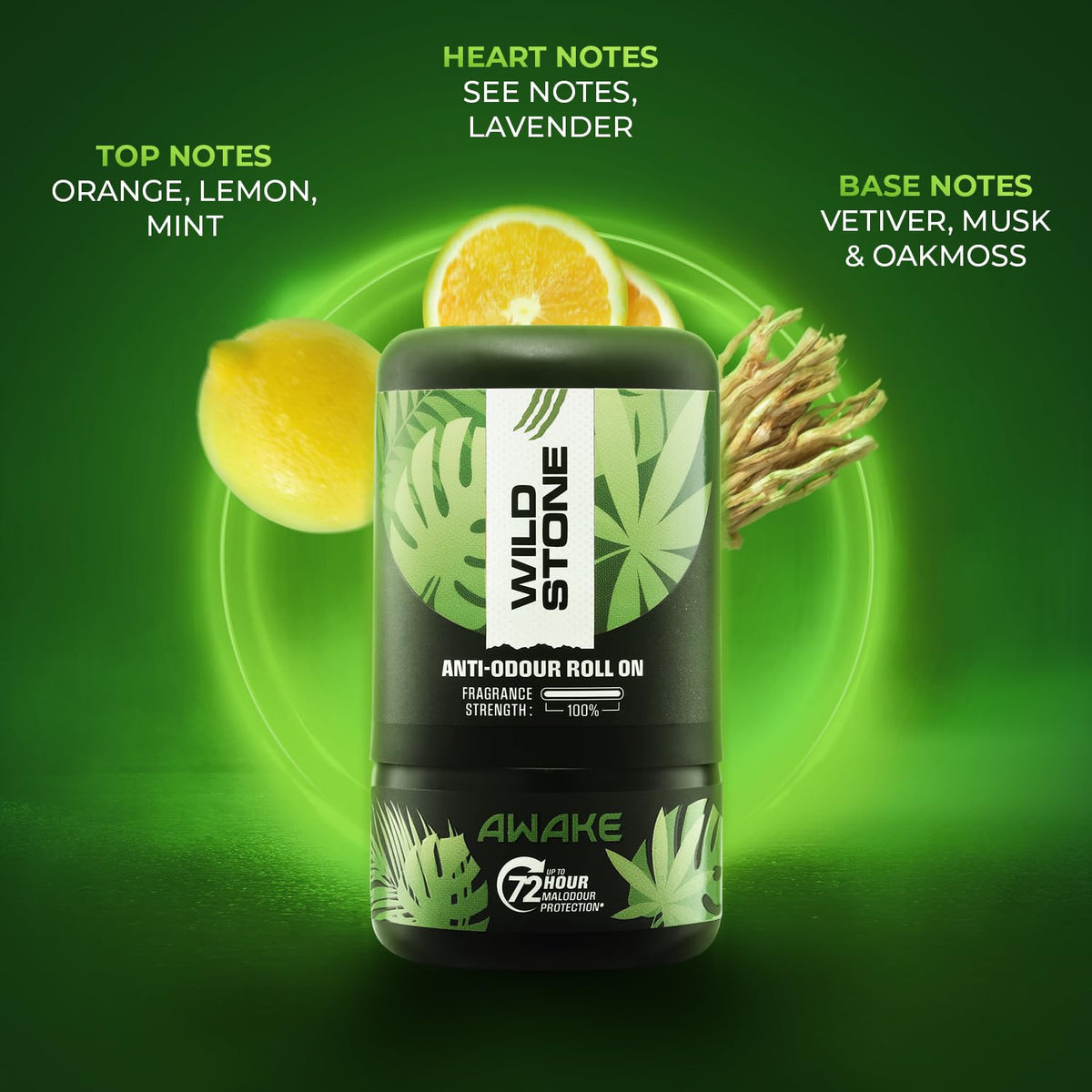 Wild Stone anti-odor roll on with ingredients and notes displayed on a green background
