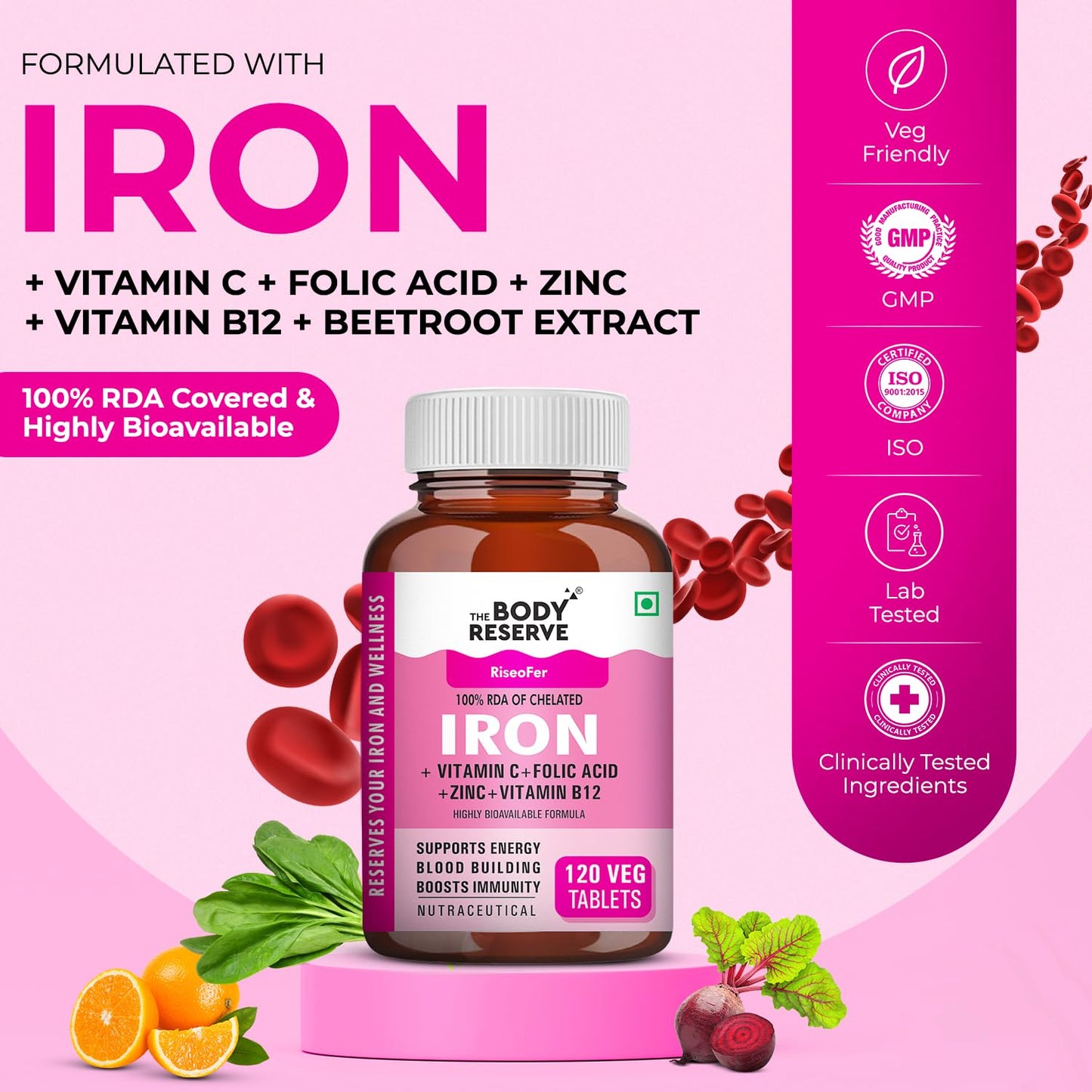Body Reserve Iron supplement bottle with ingredients on a pink background