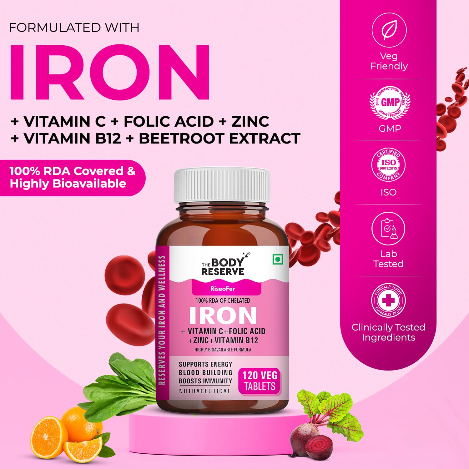 Body Reserve Iron supplement bottle with ingredients on a pink background