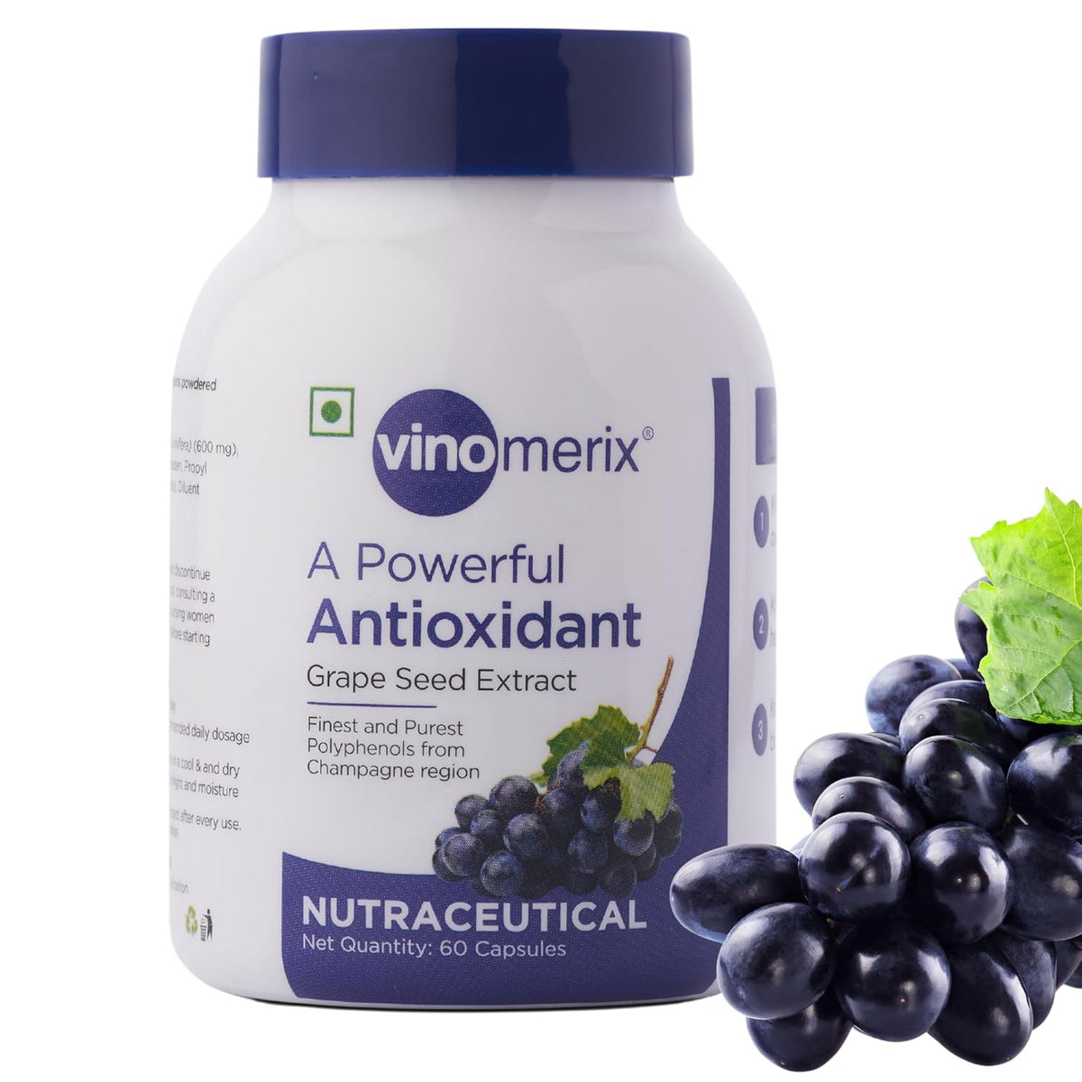 Antioxidant, Grape seed extract | Helps in reducing blood pressure, oxidative stress and improve blood circulation | No Paraben | 600 mg - 60 Veg Capsules