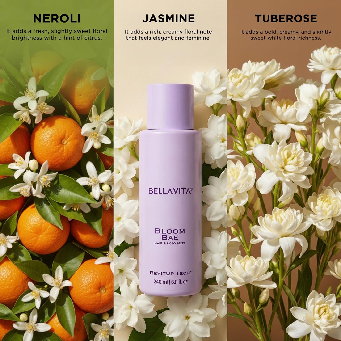 Bellavita Bloom Bae product with neroli, jasmine, and tuberose elements on a floral and fruit background.