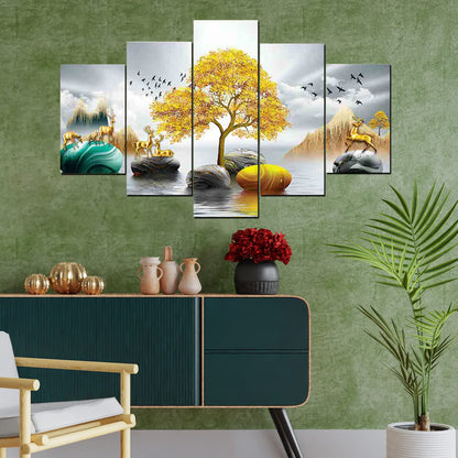perpetual Tree of Life | Painting for Wall Decoration | 3D Wall Scenery for Living Room |Scenery for Wall With Frames set of 5 (75x43 Cm) D3(Multi)
