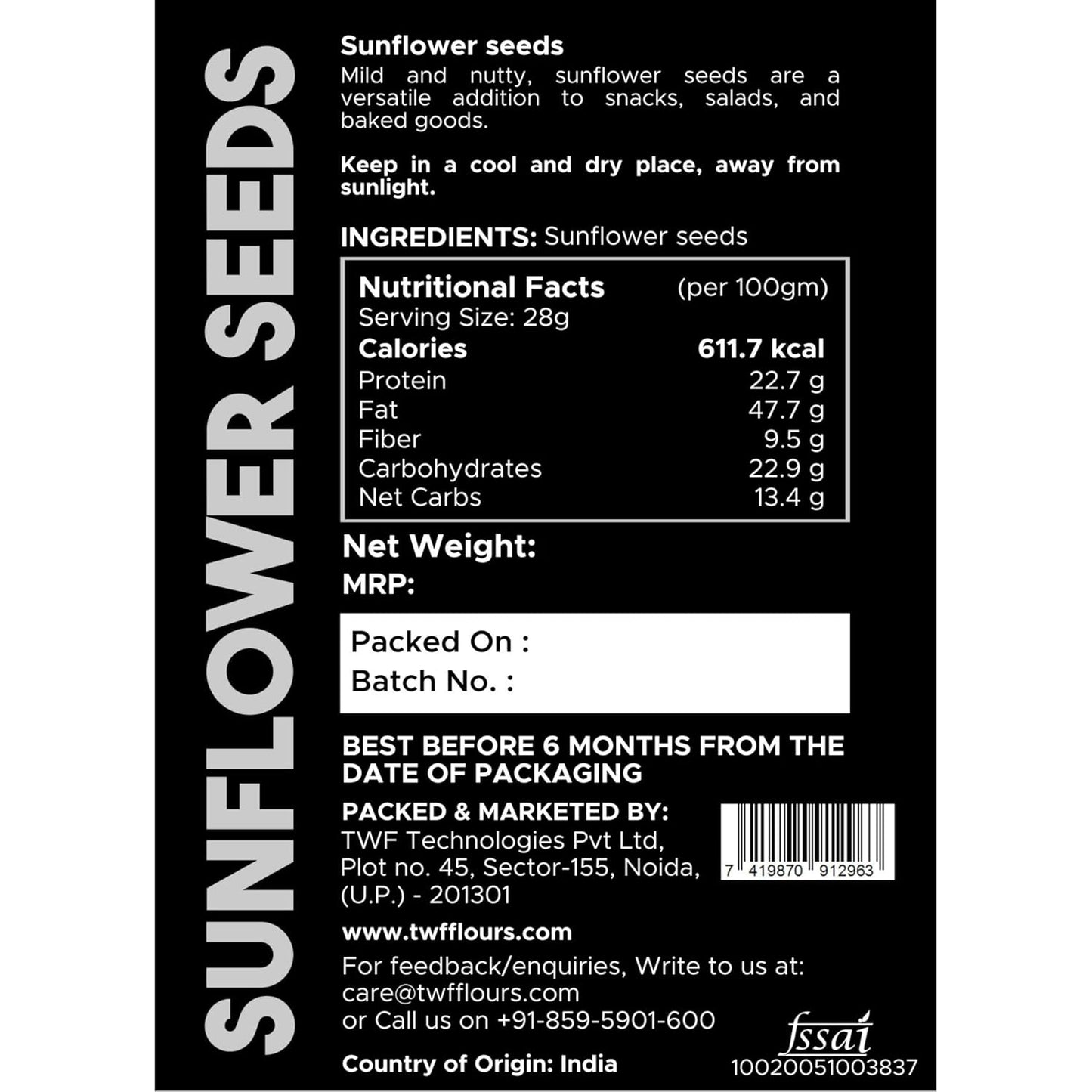 TWF Virgin Sunflower Seeds | AAA Grade Seeds for Eating | Rich in Dietary Fibre & Protein | Snack for Weight Management & Immunity | Diet Food | Non GMO | Resealable Pack | Unroasted | Unsalted | Highest Natural Potency