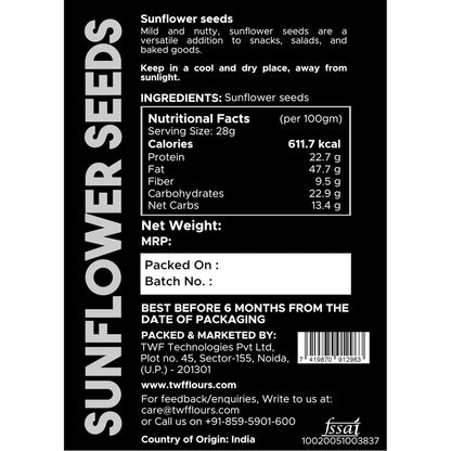 TWF Virgin Sunflower Seeds | AAA Grade Seeds for Eating | Rich in Dietary Fibre & Protein | Snack for Weight Management & Immunity | Diet Food | Non GMO | Resealable Pack | Unroasted | Unsalted | Highest Natural Potency
