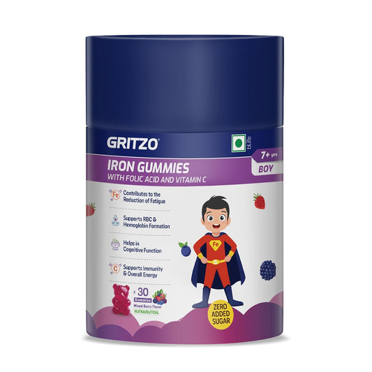 Gritzo Iron Gummies for (7+ Boy), Mixed Berry, 30 Gummies With Folic Acid & Vitamin C | Zero Added Sugar