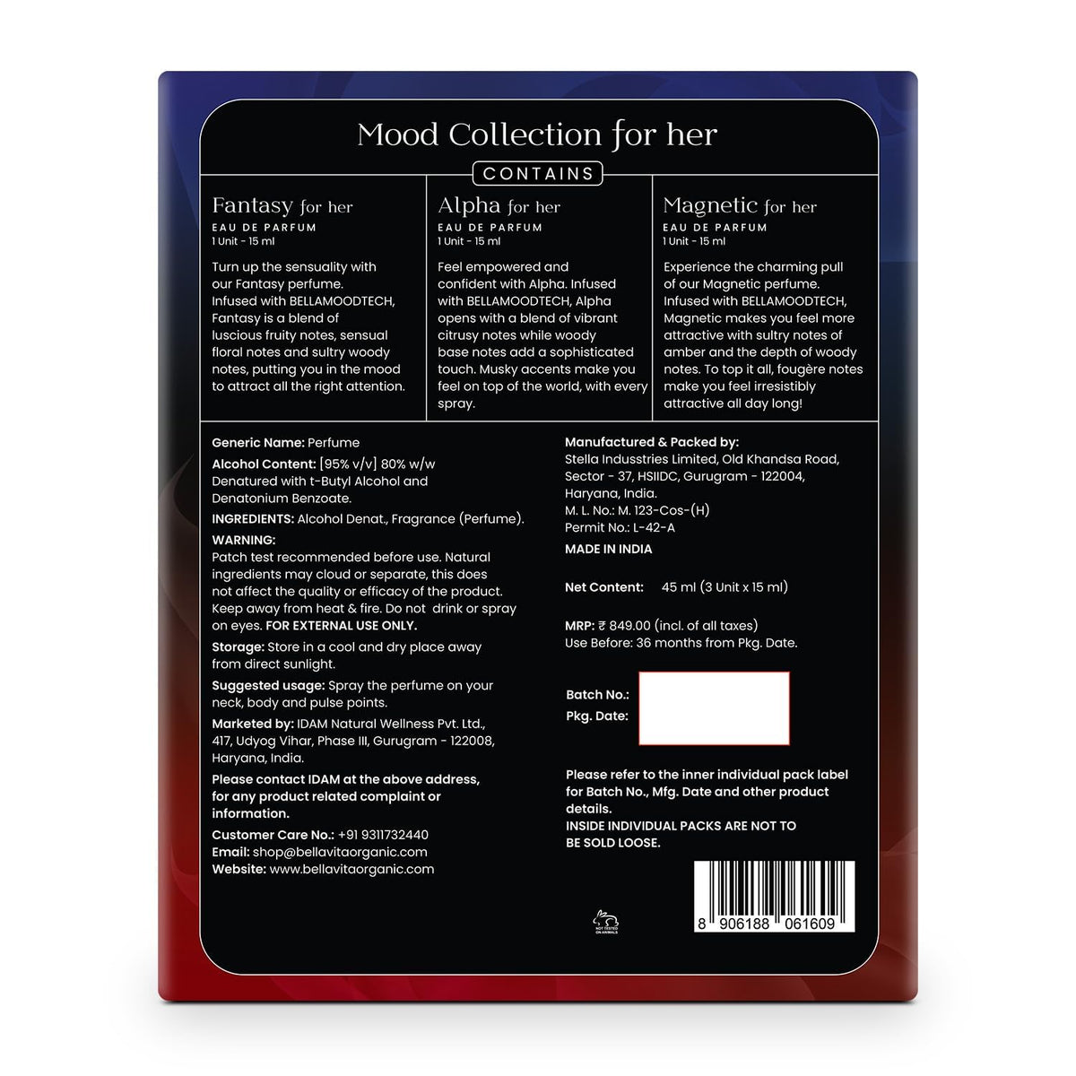 Back of a perfume packaging with product details and branding.
