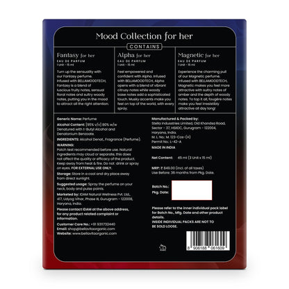 Back of a perfume packaging with product details and branding.