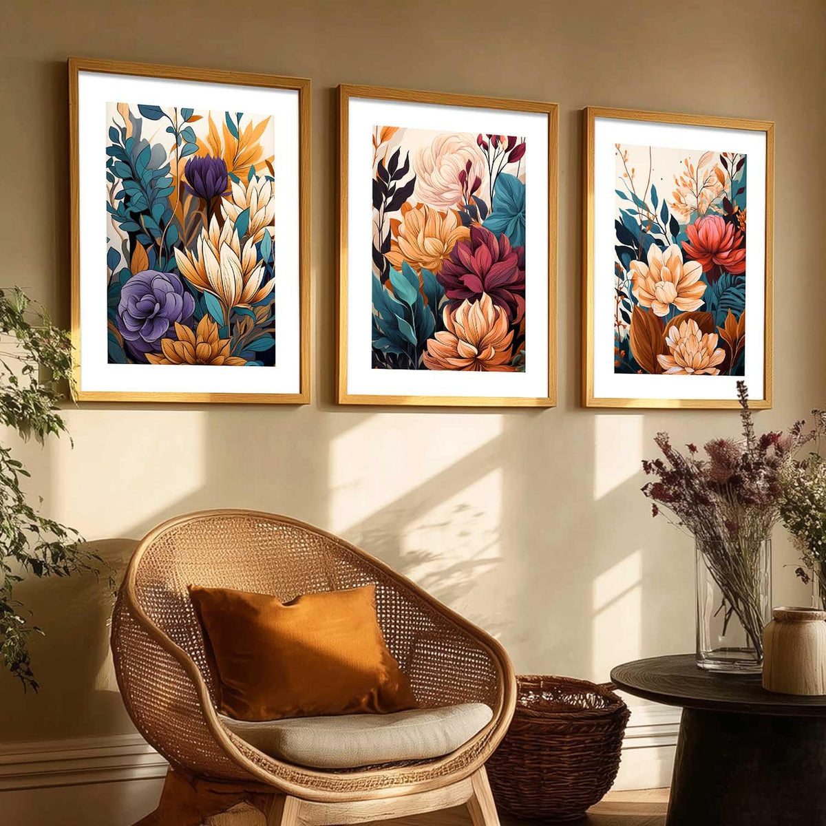 Floral Art Home Decoration Floral Paintings With Frame For Living Room Bed Room Hotel Wall Decor Digital Reprint Set of 3 (13x17 inch)