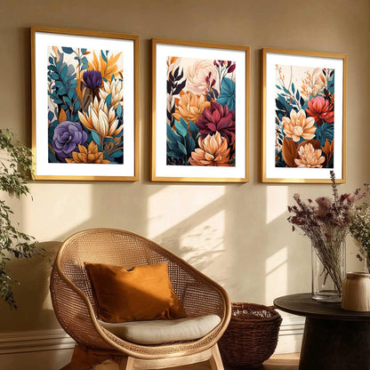 Floral Art Home Decoration Floral Paintings With Frame For Living Room Bed Room Hotel Wall Decor Digital Reprint Set of 3 (13x17 inch)