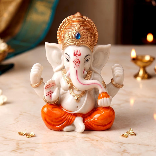 Ganesha Idol for Car Dashboard Ganesha Murti Ganpati Idol Home Decor Puja Lord Ganesh Statue Gift for Office for Office Desk Puja Room Figurine (Orange and Cream 2.5 inches)