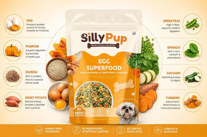 Silly Pup Egg Superfood for Dogs| Real Eggs, Quinoa, 7 Vegetables, Turmeric, Ashwagandha & Eggshell Calcium | No Preservatives | Vet Crafted | Human-Grade (1 Pouch, 100g)
