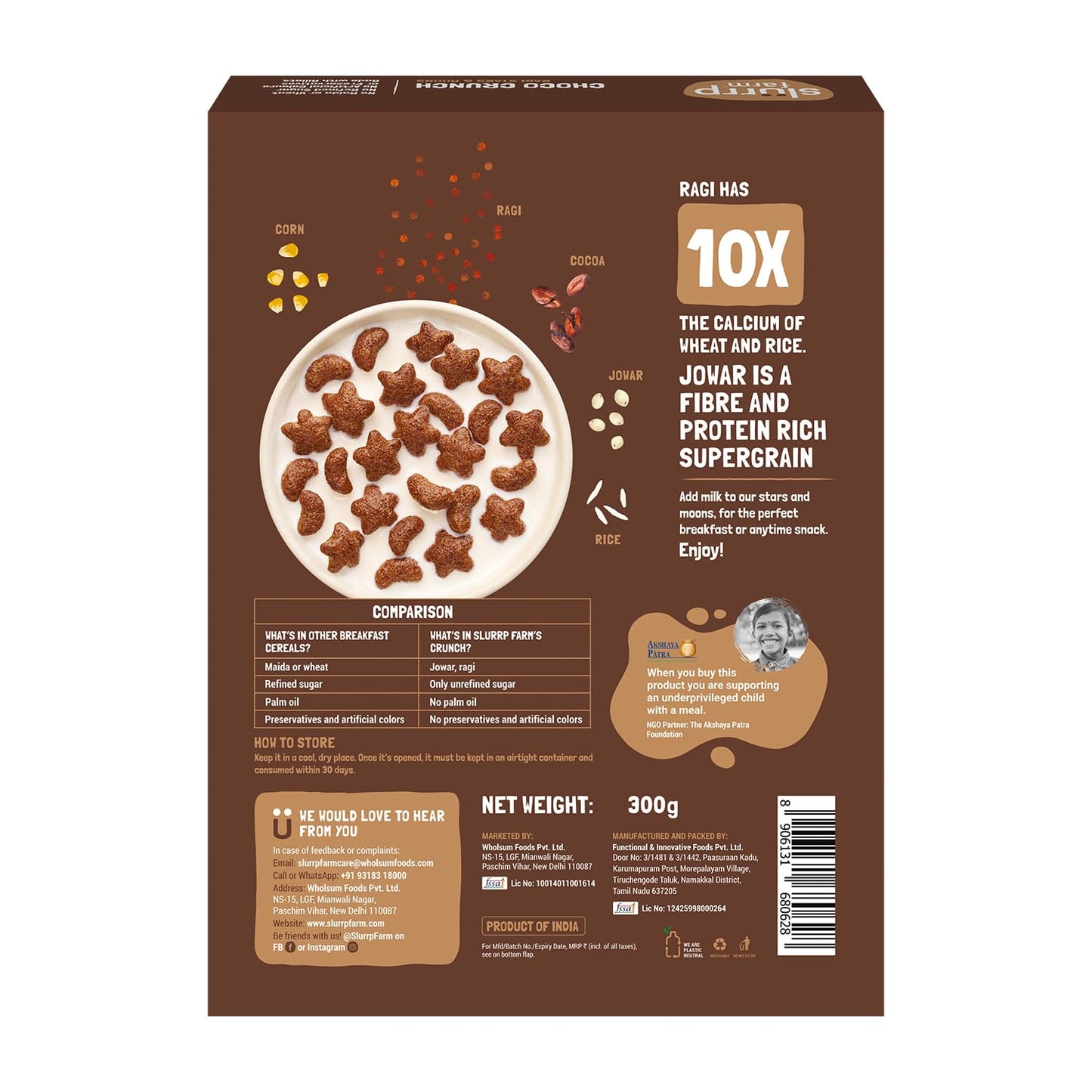 Slurrp Farm Choco Crunch Chocolate Cereal | No Maida, No Refined Sugar, No Added Colour | Ragi Stars and Moons | Healthy Breakfast for Kids | 300 g