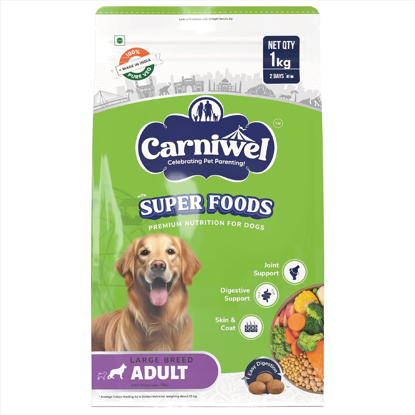 Carniwel Superfoods Adult Dry Dog Food 1 kg | 100% Vegetarian | Fresh & Natural Ingredients | Highly Palatable | GMO Free | Premium Nutrition for Large Dogs