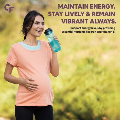 Woman holding a water bottle with motivational text about energy and vitality.