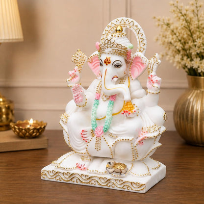 White Marble Dust Ganesh Idol 6 Inch – White Ganpati Bappa Murti for Home Temple, Living Room, Office Decor & Spiritual Gift