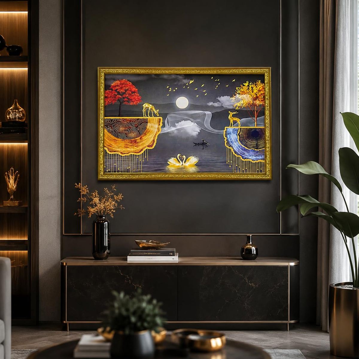 Abstract art Framed Golden Foil 3D Style Landscape Painting with 2 Deer Standing on Edge | Ready to Hnag - (14 x 20 inch, Multicolor)