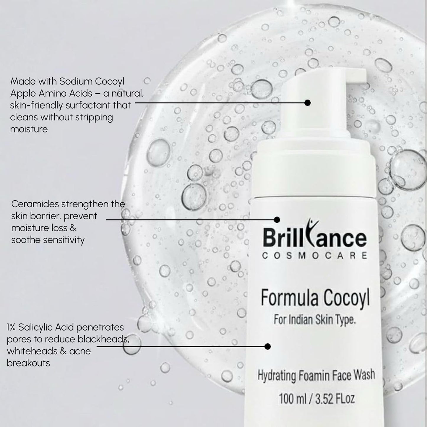 Brilliance Premium Hydrating Foaming Face Wash | Dermatologist Tested | Cocoyl Formula with 1% Salicylic Acid,Ceramide & Vitamin C, 100ml | Gentle Anti-Acne Cleanser for Acne-Prone Skin, Reduces Spots & Marks, Oil Control & Balanced Clear Skin