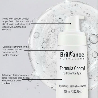 Brilliance Premium Hydrating Foaming Face Wash | Dermatologist Tested | Cocoyl Formula with 1% Salicylic Acid,Ceramide & Vitamin C, 100ml | Gentle Anti-Acne Cleanser for Acne-Prone Skin, Reduces Spots & Marks, Oil Control & Balanced Clear Skin
