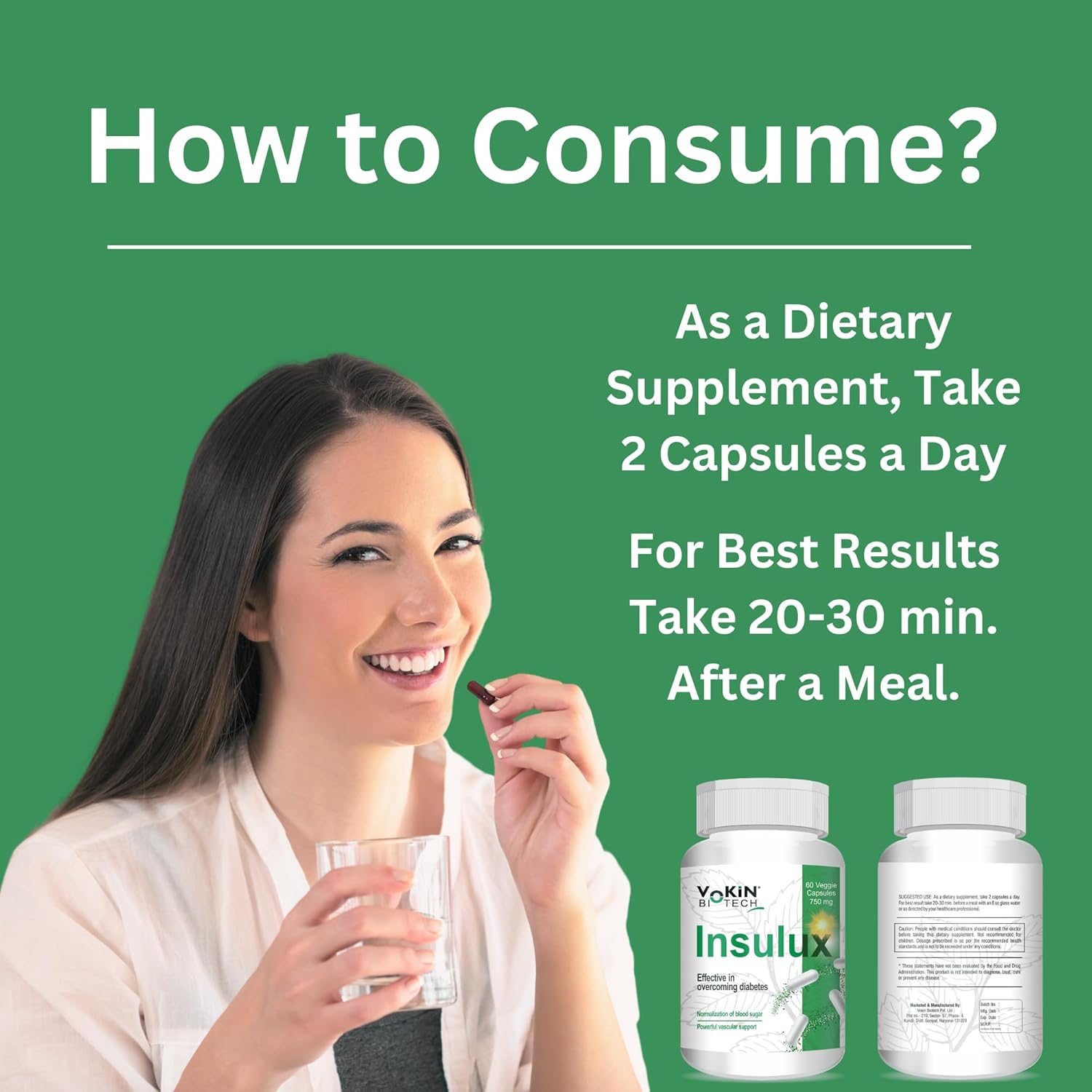 Woman holding a glass of water and supplement bottles with text on how to consume them.