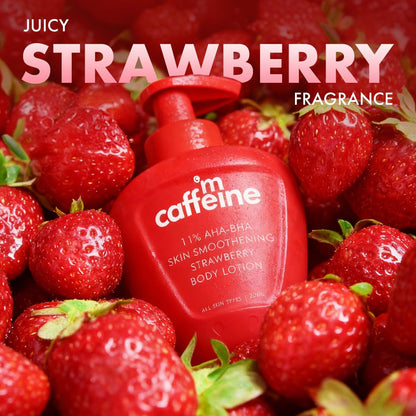 Red bottle of 'm caffeine' strawberry-scented lotion surrounded by strawberries with text 'Juicy Strawberry Fragrance'.