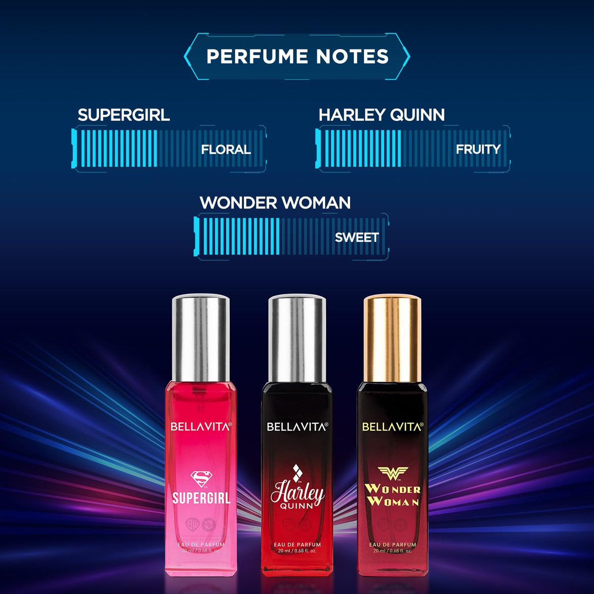 Three perfume bottles labeled 'Supergirl', 'Harley Quinn', and 'Wonder Woman' with their respective notes on a dark background.