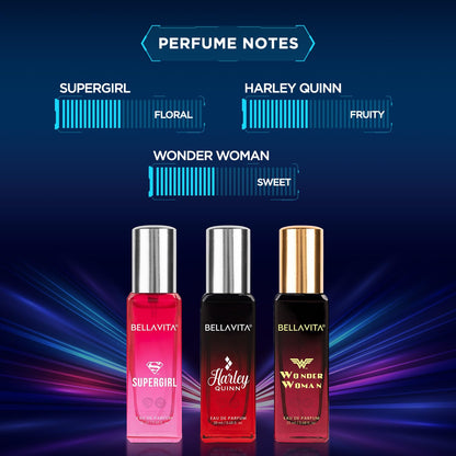 Three perfume bottles labeled 'Supergirl', 'Harley Quinn', and 'Wonder Woman' with their respective notes on a dark background.