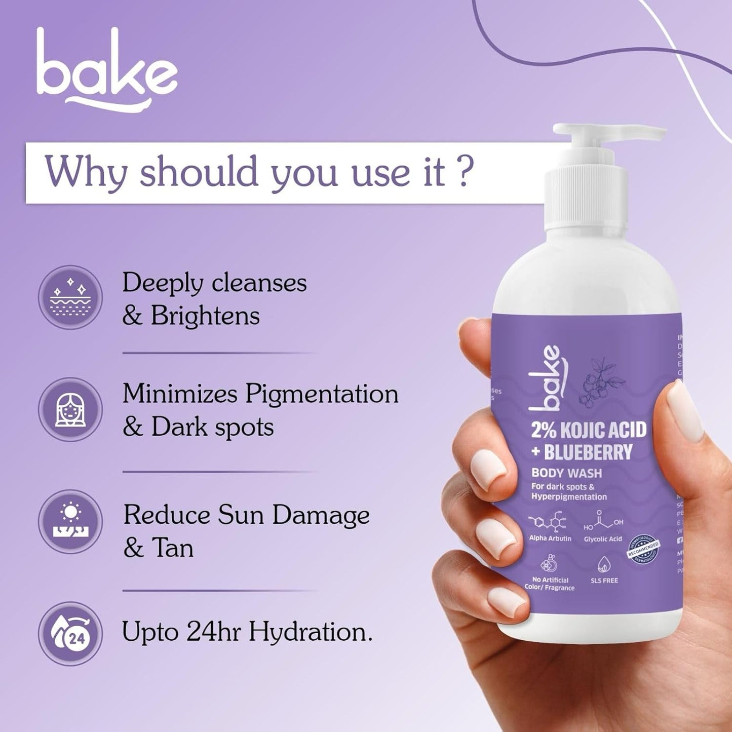 BAKE 2% Kojic Acid Brightening Body Wash with Glycolic Acid & Alpha Arbutin | De-Tan Body Wash | For Pigmentation & Tan Removal | For Dark Knees & Elbows | Dark Spots & Sun Damage | For Men & Women - 250ml