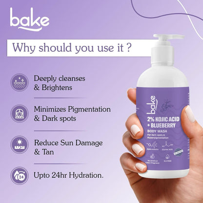 BAKE 2% Kojic Acid Brightening Body Wash with Glycolic Acid & Alpha Arbutin | De-Tan Body Wash | For Pigmentation & Tan Removal | For Dark Knees & Elbows | Dark Spots & Sun Damage | For Men & Women - 250ml
