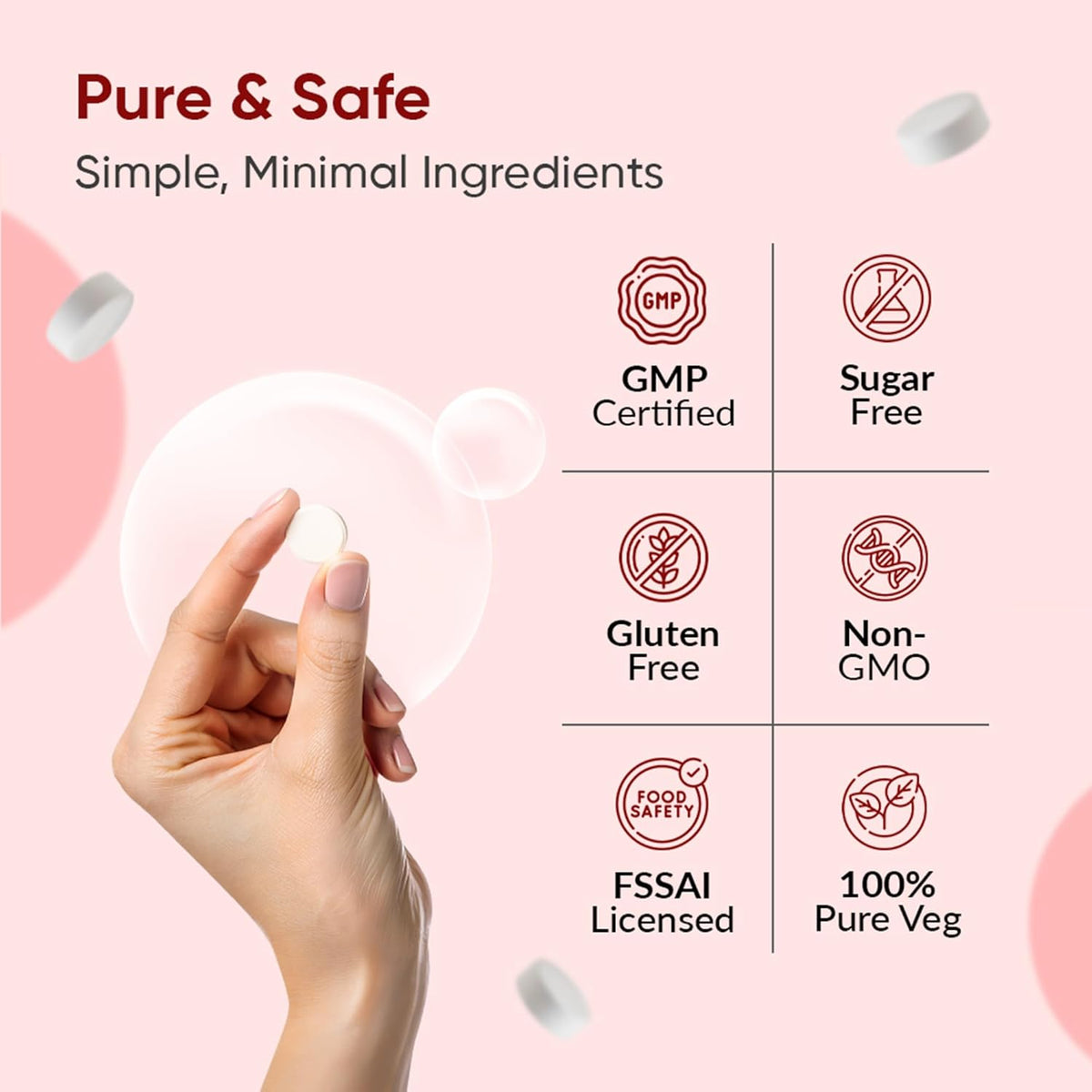 Product packaging with certification icons and a hand holding a white container on a pink background.