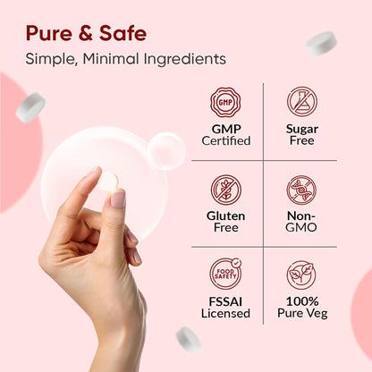 Product packaging with certification icons and a hand holding a white container on a pink background.