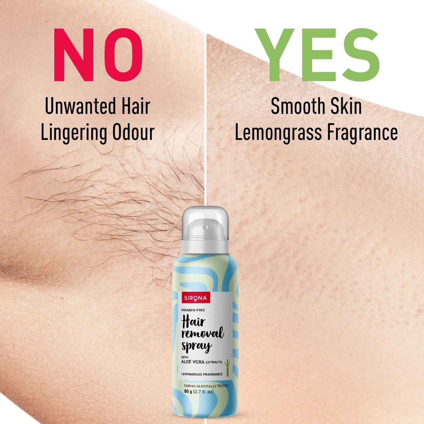 Hair removal spray bottle with 'No' and 'Yes' text comparing unwanted hair and smooth skin.