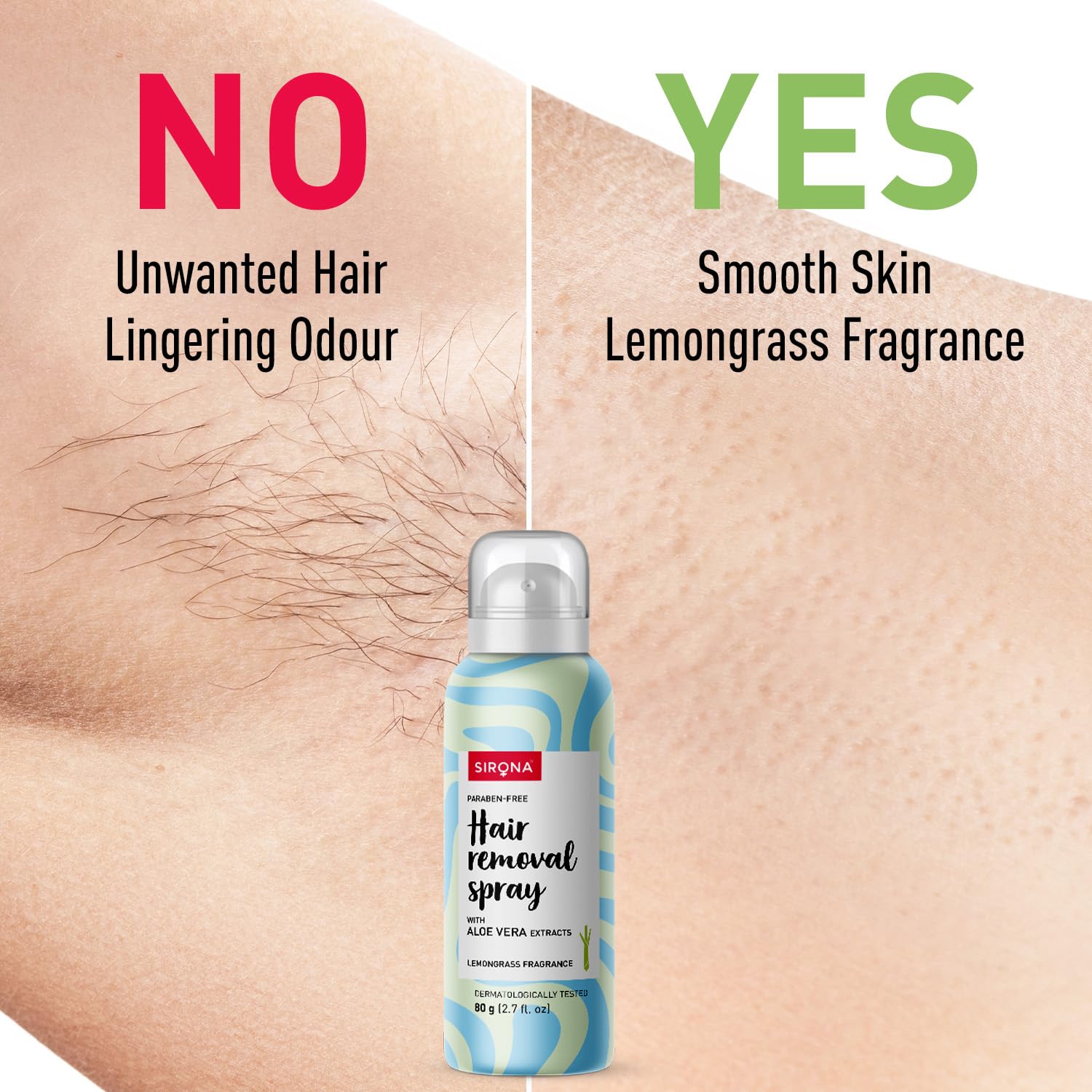 Hair removal spray bottle with 'No' and 'Yes' text comparing unwanted hair and smooth skin.