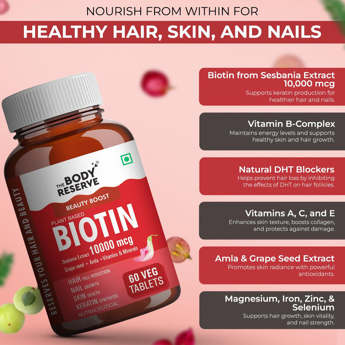 Bottle of The Body Reserve Biotin supplement with product details on a pink background