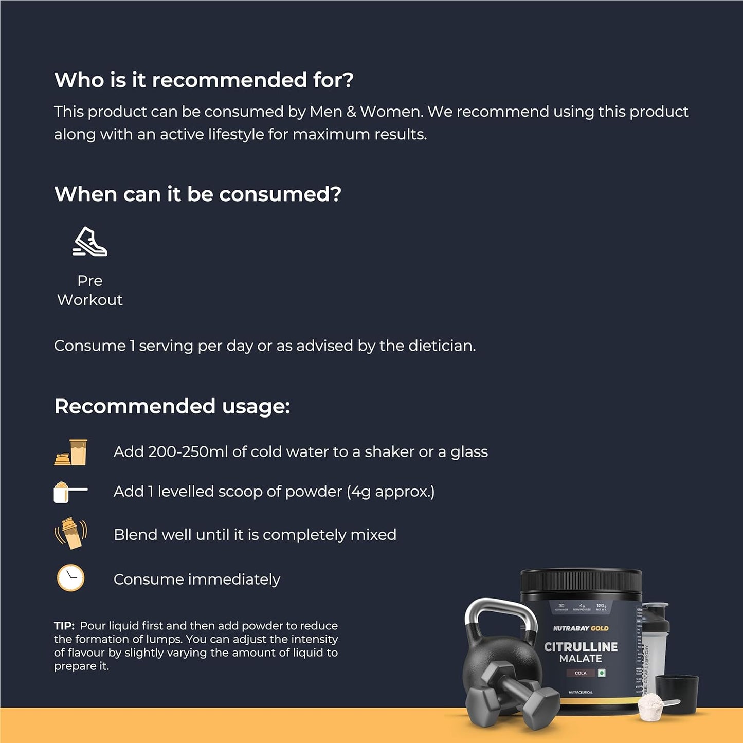 Product packaging with usage instructions and a kettlebell on a dark background