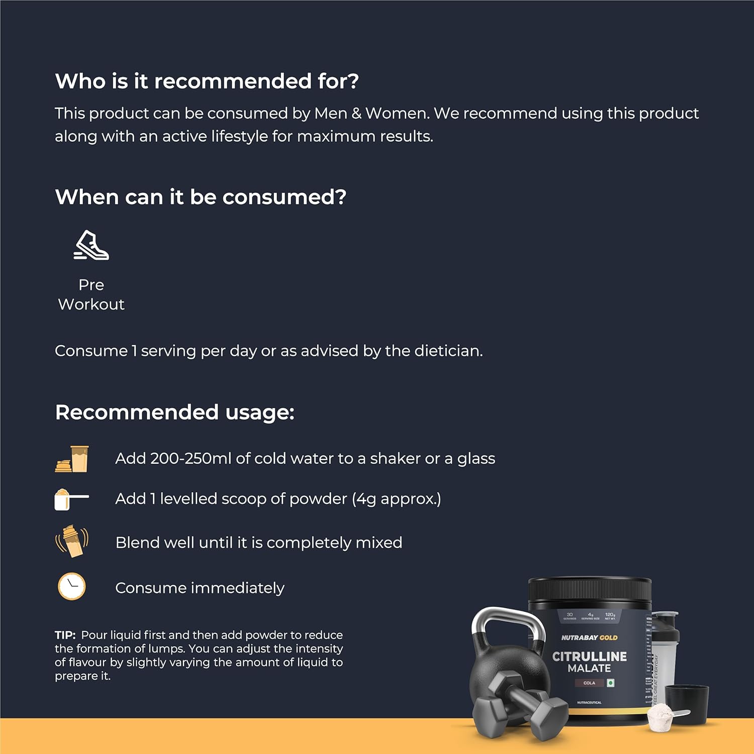 Product packaging with usage instructions and a kettlebell on a dark background