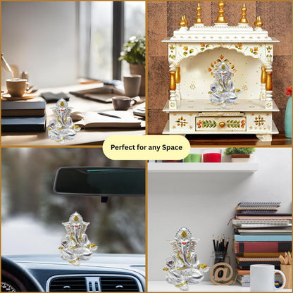 Gold Art India Matte Silver Plated Gaddi Ganesh Idol For Car Dashboard Small Ganesha Murti Ganpati Idol For Home Decor Puja Lord Ganesh Statue Gift For Office Desk Puja Room Figurine