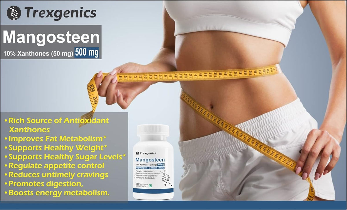 Person measuring waist with a tape measure, wearing a white top and shorts, with Trexgenics Mangosteen supplement packaging.