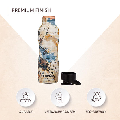 Soluvo water bottle with floral design on a beige background, featuring durability, meenakari printing, and eco-friendliness icons.
